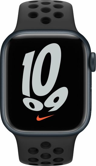 Apple Watch Nike Series 7, 41 мм, корпус из алюминия цвета «тёмная ночь», спортивный ремешок Nike цвета «антрацитовый/чёрный»