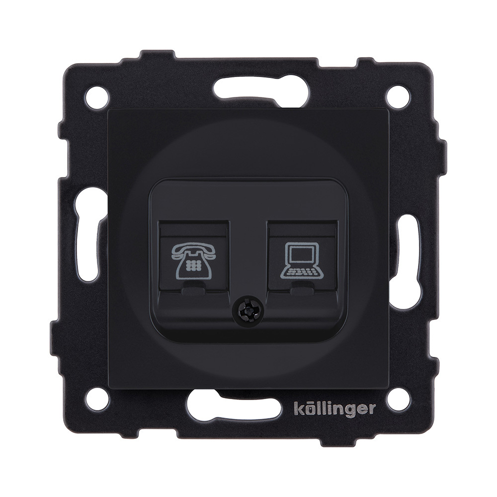 Розетка двойная RJ11 + RJ45 Cat.6, черный матовый Kollinger REA-011BM для Aspekt, Eleganz, Reflex