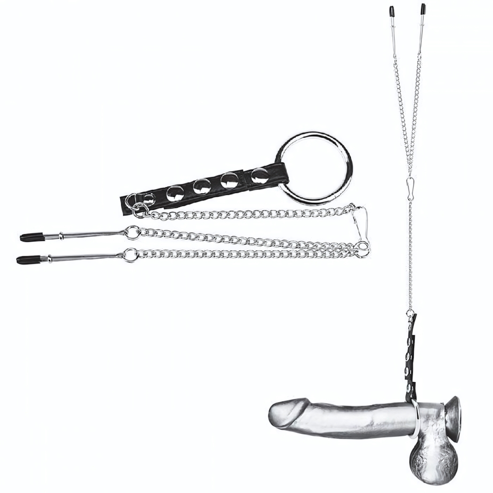 Кольцо на пенис с зажимами на соски 100% PVC STRAP WITH METAL SNAP (Цвет: черный с серебристым)