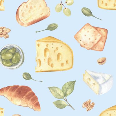 Сыр, выпечка и закуски на голубом / Cheese, pastries and snacks on blue