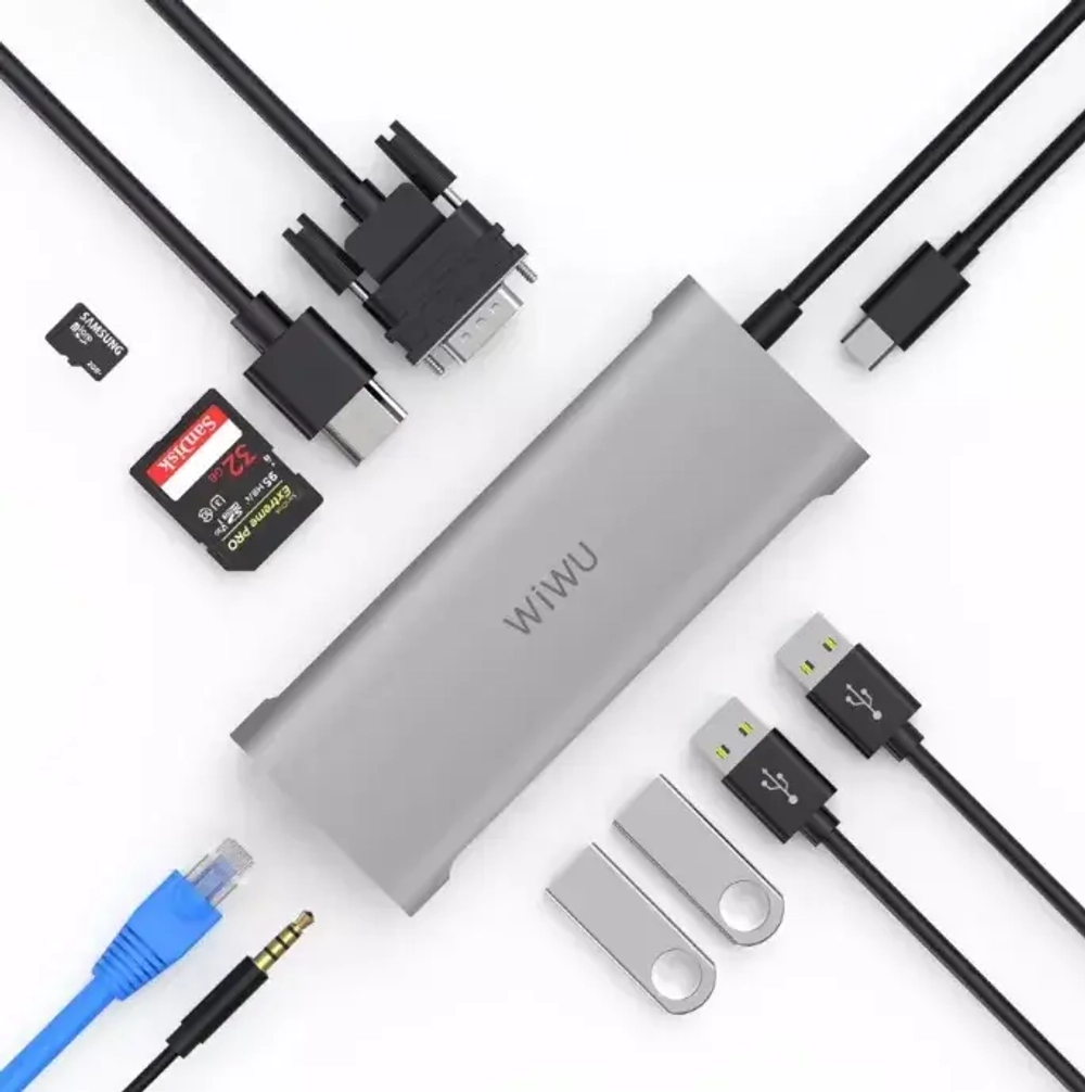 Адаптер WIWU Alpha 11 в 1 USB-C HUB на USB 3.0*3/HDMI*2/SD/Micro SD/Type-C/3.5 Stereo/VGA/RJ45 (Gray)