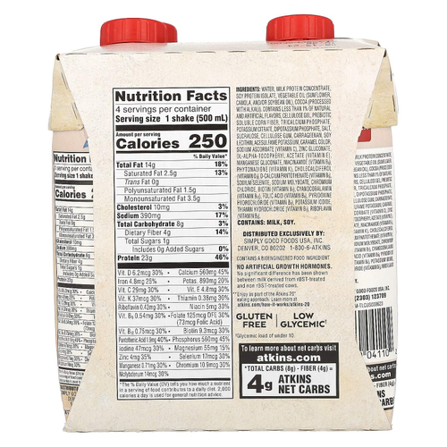 Atkins, Насыщенный протеином коктейль, сливочный шоколад, 4 коктейля, 500 мл (16,9 жидк. унц.)