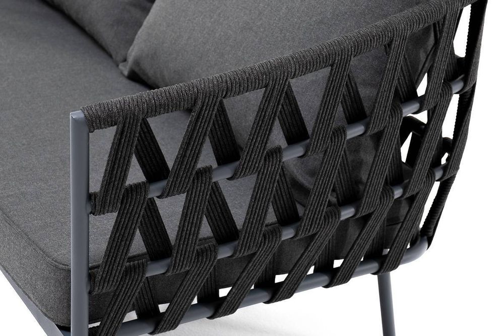 "Диего" диван 2-местный плетеный из роупа, каркас алюминий темно-серый (RAL7024) муар, роуп темно-серый круглый, ткань темно-серая 027