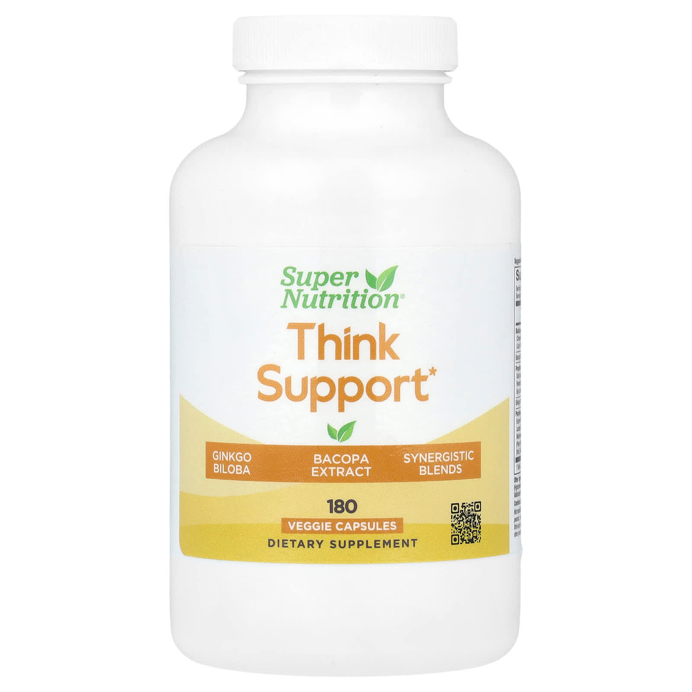 Super Nutrition, Think Support, с гинкго билоба, тюбетейкой, готу колой, бакопой и ферментами, 180 растительных капсул