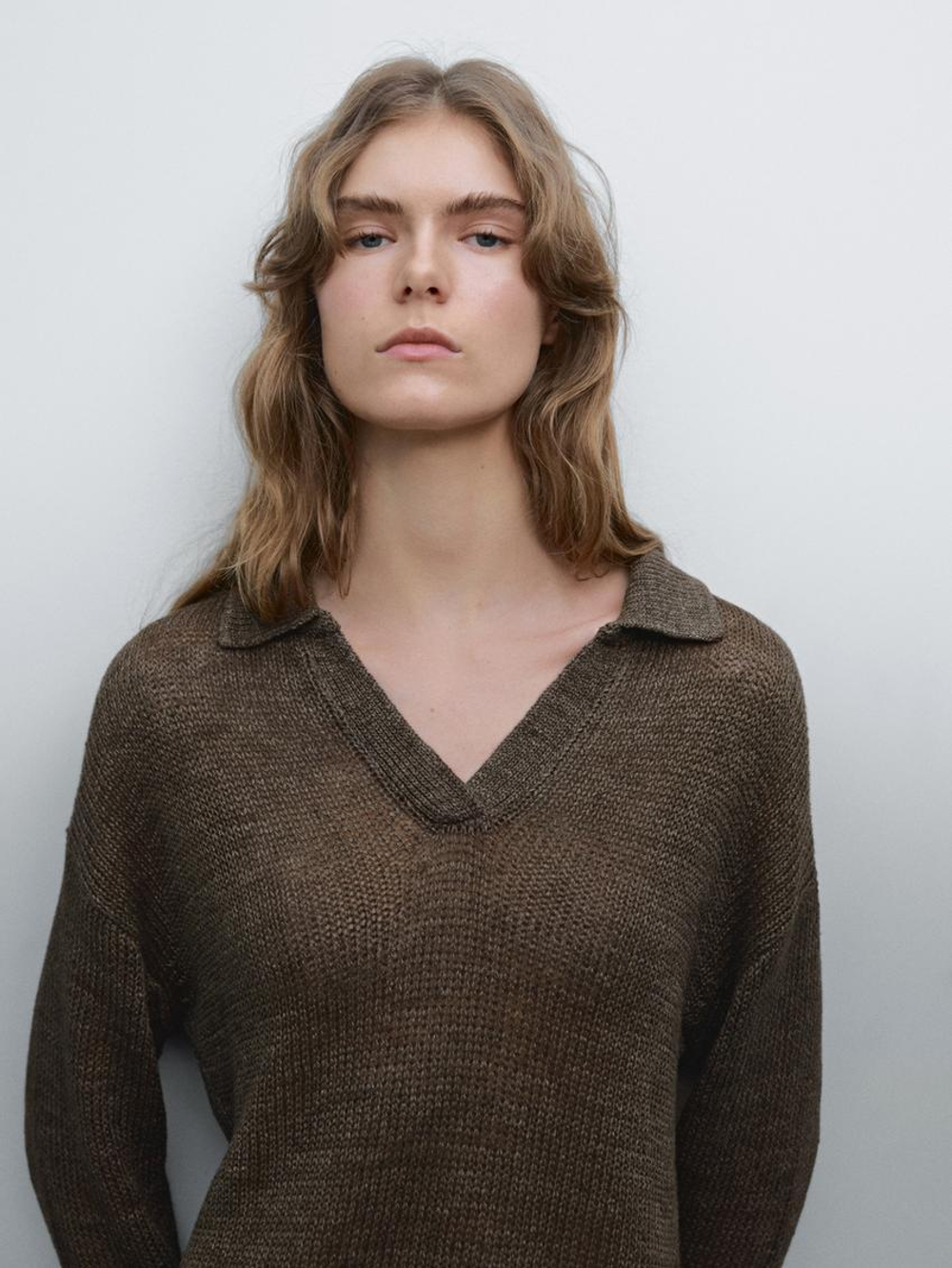 Massimo Dutti Свитер из 100% льна с воротником поло, зеленый