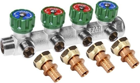 Коллектор FAR 3/4"x1/2"-4 выхода «плоское уплотнение» + Переходник Rehau 16-G 1/2" MX (4 шт.)