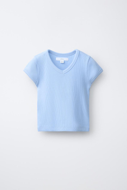 ZARA ТОП В РУБЧИК С V-ОБРАЗНЫМ ВЫРЕЗОМ, НЕБЕСНО-ГОЛУБОЙ