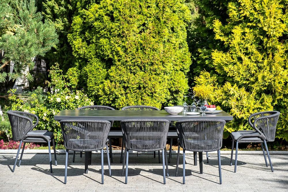 "Милан" стул плетеный из роупа, каркас алюминий темно-серый (RAL7024) муар, роуп темно-серый круглый, ткань темно-серая 027