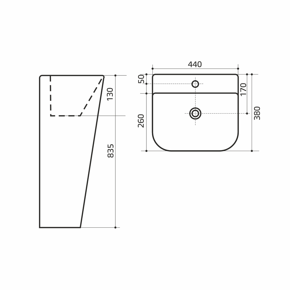 Умывальник-моноблок BASIS WAVE 440*380*835 ш*г*в, с хром переливом, белый, прямоуг