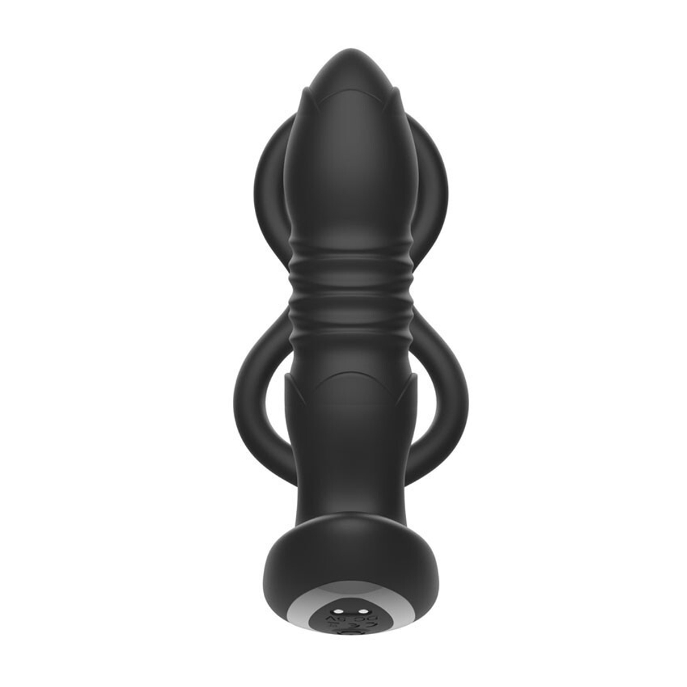 Черный анальный вибромассажёр с возвратно-поступательными движениями и кольцами для фиксации (Цвет: черный)