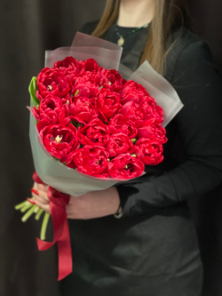 19 красных пионовидных тюльпанов