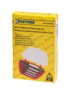 Набор экстракторов резьбы 5пр.(М3-М18, ?:3-6мм, 6-8мм, 8-11мм, 11-14мм, 14-18мм, ''мелкий шаг''), в пластиковом футляре Partner PA-63005B