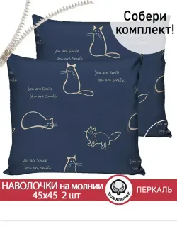Наволочка комплект 2шт перкаль Сказка "Котики" 45х45 см на молнии