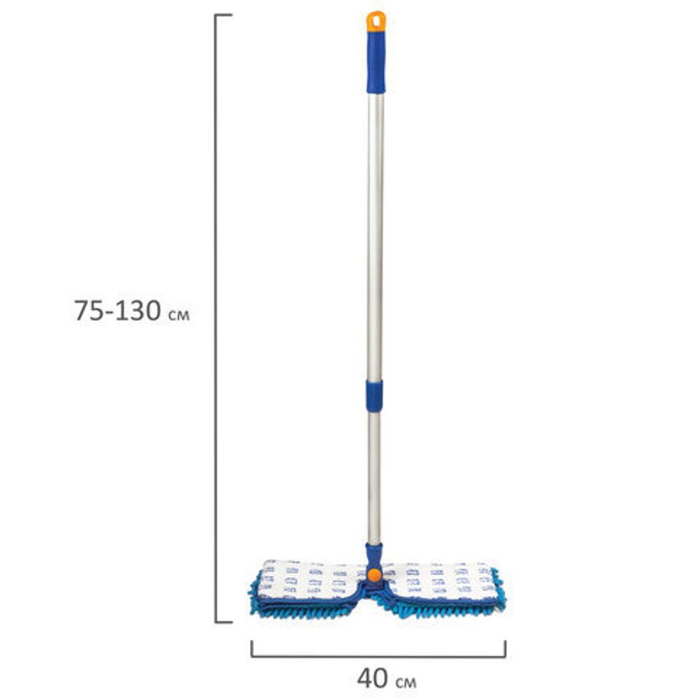 Швабра двусторонняя 40 см, телескопический черенок 130 см (алюминий), резьба 1,6 см, микрофибра, LAIMA, 601465