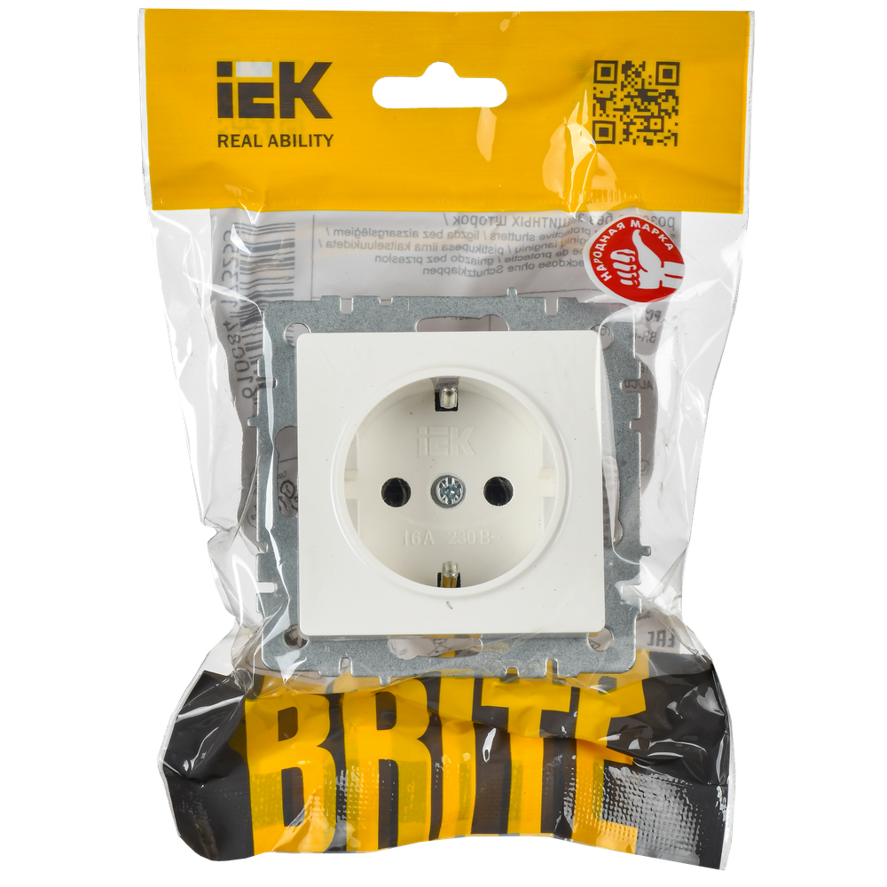 BRITE Розетка 1-местная с заземлением с защитными шторками 16А РС14-1-0-БрБ белый IEK
