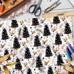 Ткань габардин чёрные новогодние ёлки