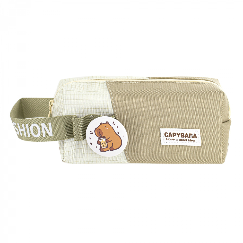 Пенал - косметичка Alingar, ткань, молния, значок, петля, 190 х 70 х 60 мм, "Capybara. Have a good idea", микс (коричн, беж, св-корич), европодвес