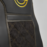 Чехлы VOLVO FH-13 после 2018 года: 2 высоких сиденья, ремни от стоек сиденья (нет вырезов под ремень) (экокожа, черный, желтая вставка)