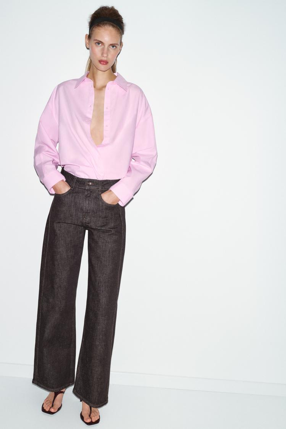 ZARA РУБАШКА ОВЕРСАЙЗ ИЗ ПОПЛИНА, РОЗОВЫЙ