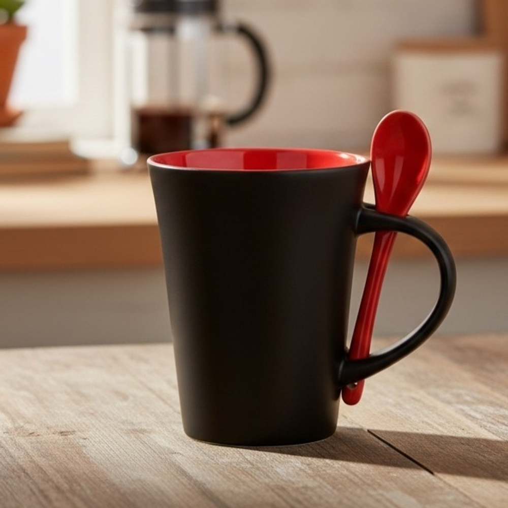 Керамическая кружка с ложкой, черно-красный, 350 мл