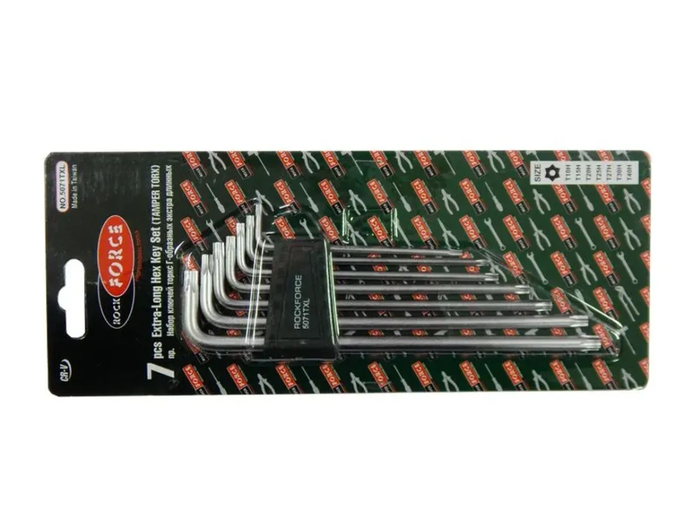 Набор ключей TORX Г-образных экстра длинных с отверстием 7пр.(Т10Н,Т15Н,Т20Н,Т25Н,Т27Н,Т30Н,Т40Н) в пластиковом держателе RockForce##Rock FORCE RF-5071TXL