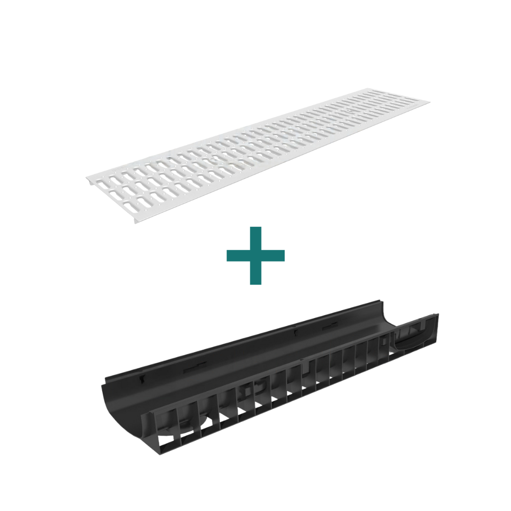 Комплект водоотводный Gidrolica Standart DN200: пластиковый лоток ЛВ-20.24,6.10 с решеткой РВ-20.24.100 (стальная оцинкованная, кл. A15)