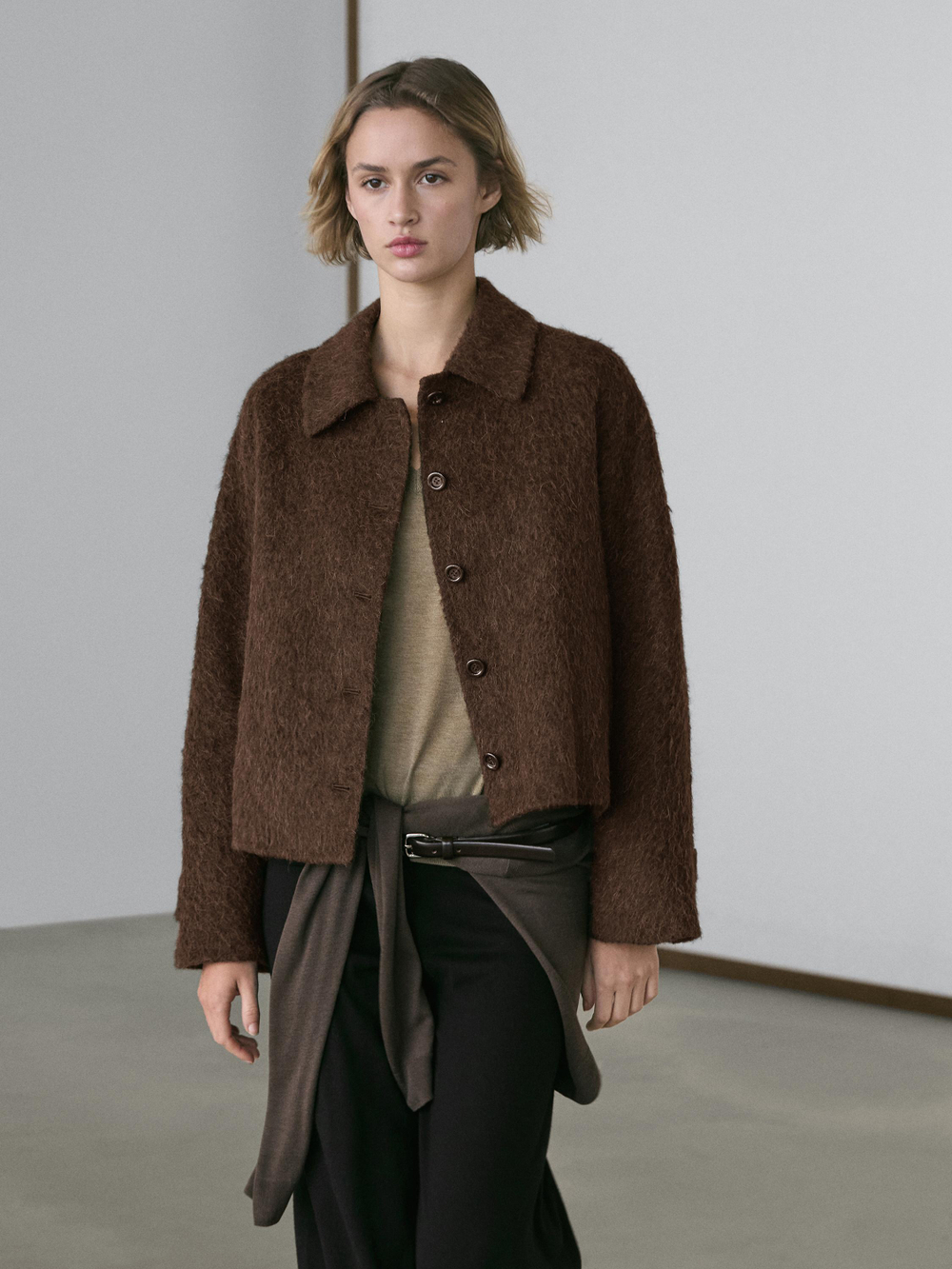 Massimo Dutti Кардиган из шерсти альпака с рубашечным воротником, темно-зеленый