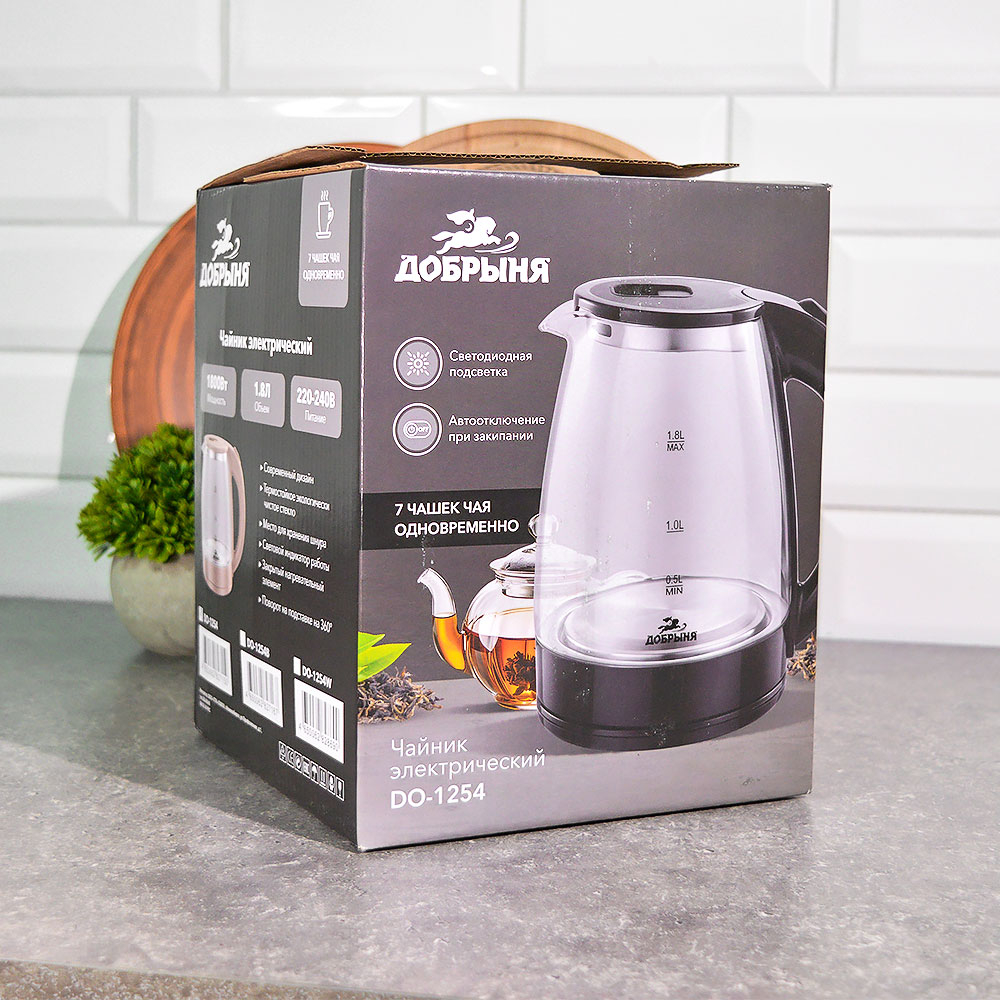 Чайник электрический 1,8л "Добрыня DO-1254" 1800Вт стекло, черный