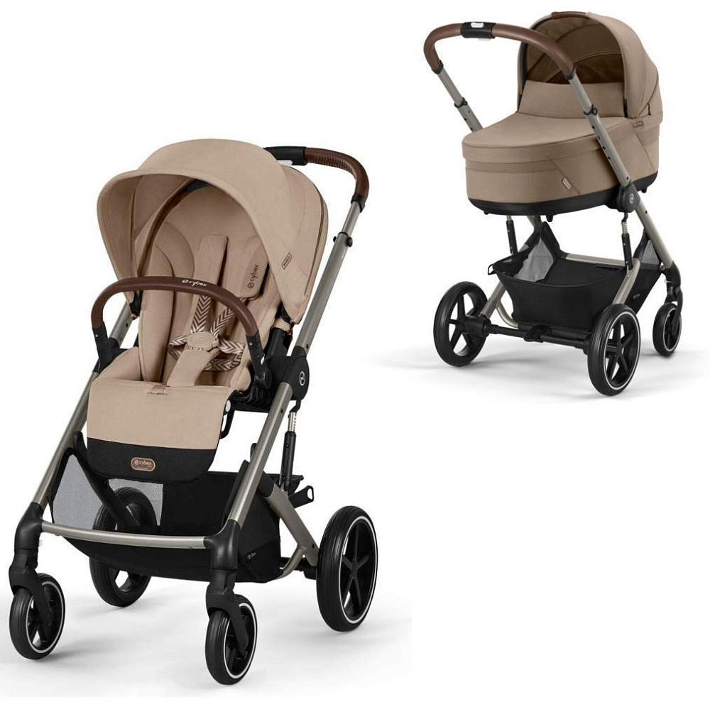Коляска Cybex Balios S Lux TPE complete Aton B2 Bay Blue 3 в 1 Almond Beige с дождевиками