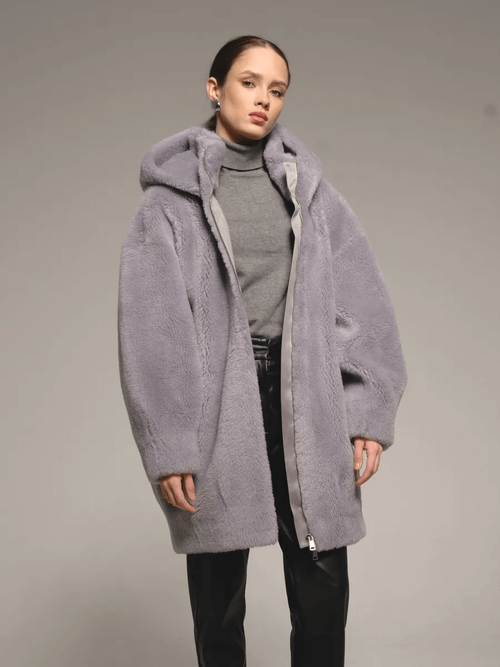 Шуба чебурашка из шерсти, серая, Severina