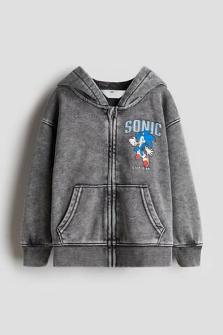 H&M Толстовка с капюшоном и застежкой-молнией и принтом Sonic, светло-серый