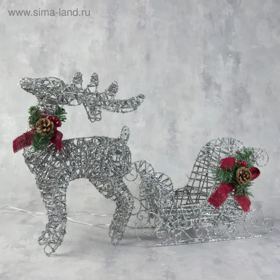 Светодиодная фигура Олень с санями серебристый, олень 40×50×16 см., сани 40×25×10 см., металл, 220 В, Luazon Lighting (3662055)