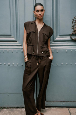 ZARA БРЮКИ ИЗ ЛЬНЯНОЙ ТКАНИ С БУСИНАМИ НА ШНУРКЕ, КОРИЧНЕВЫЙ