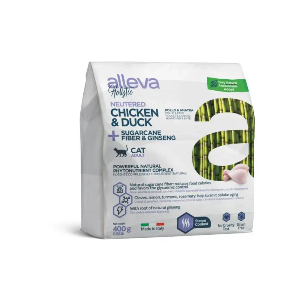 Alleva holistic cat neutered сухой корм для кастрированных котов и стерилизованных кошек с курицей и уткой, волокнами сахарного тростника и женьшенем - 400 г