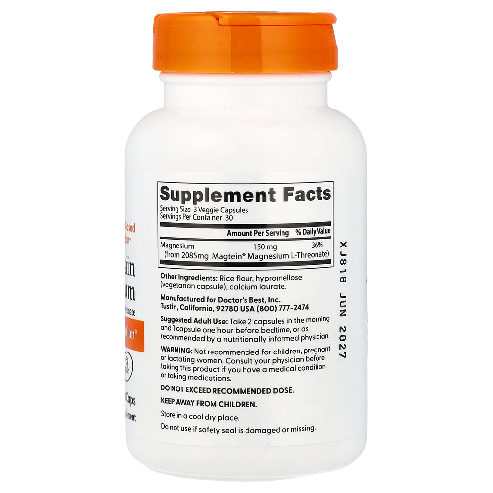 Doctor's Best, магний для мозга с Magtein®, 90 растительных капсул (50 мг в 1 капсуле)