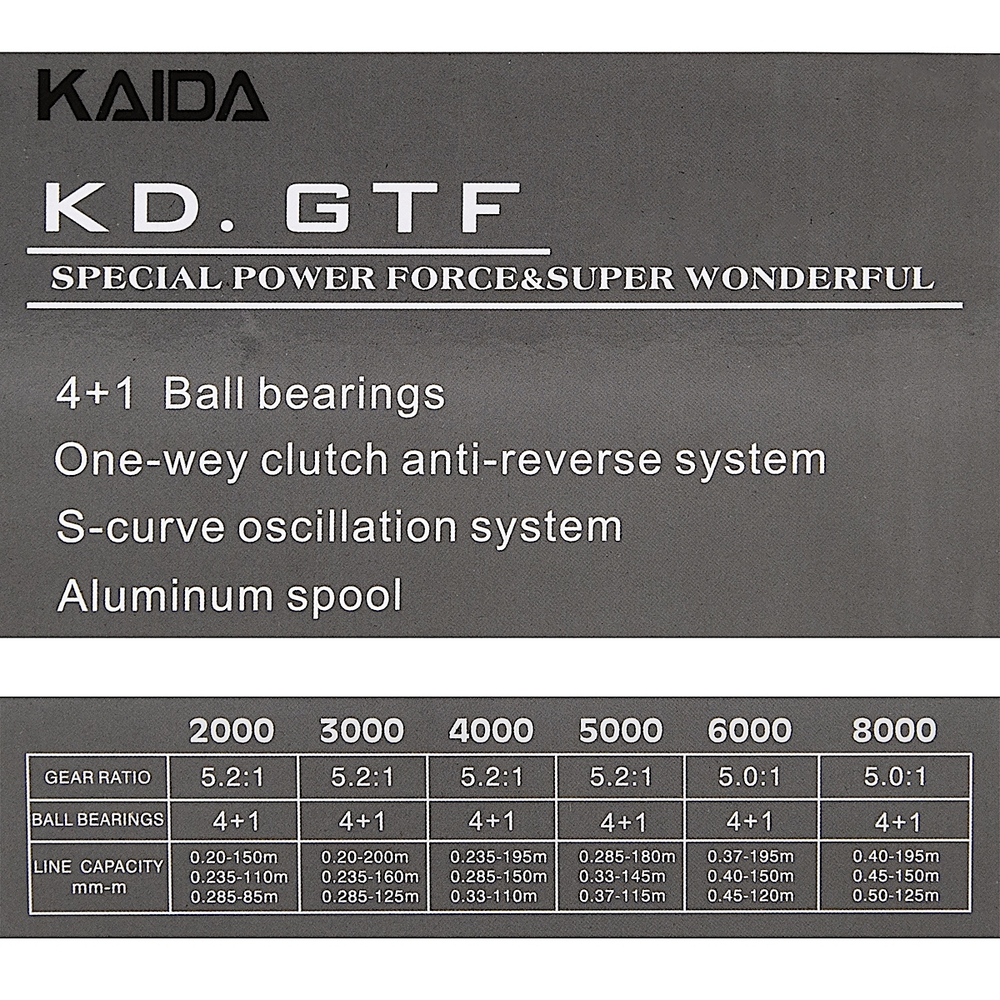 Катушка Kaida KD.GTF G002-50A 5000 bb4+1 (5.2:1) 370г 0.285/0.33/0.37мм-180/145/115м Мет.шпуля
