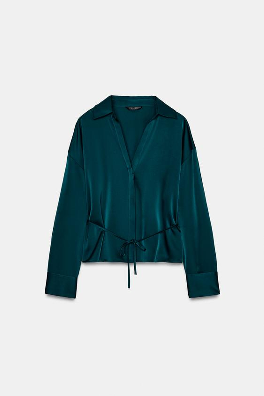 ZARA АТЛАСНАЯ БЛУЗКА С ТОНКИМ ПОЯСОМ, СИНЕ-ЗЕЛЕНЫЙ