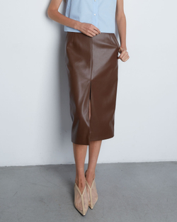 Юбка с разрезом из экокожи коричневый