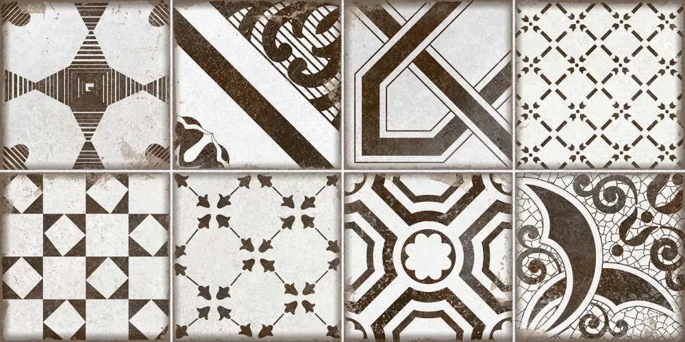 Настенная плитка Alma Ceramica TWU2550BOH17 Boho 24.9x50 белая / коричневая глянцевая / рельефная пэчворк / с орнаментом