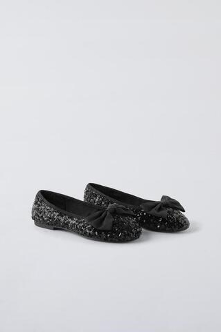 ZARA БАЛЕТКИ С ПАЙЕТКАМИ И БАНТОМ, ЧЕРНЫЙ