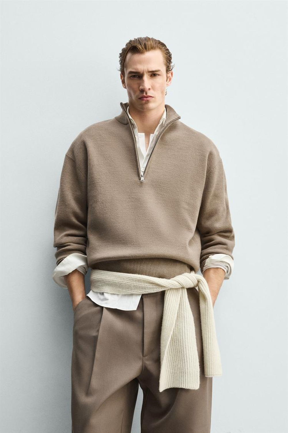 ZARA СВИТЕР С ЗАСТЕЖКОЙ-МОЛНИЕЙ НА ВОРОТНИКЕ, БЕЖЕВЫЙ
