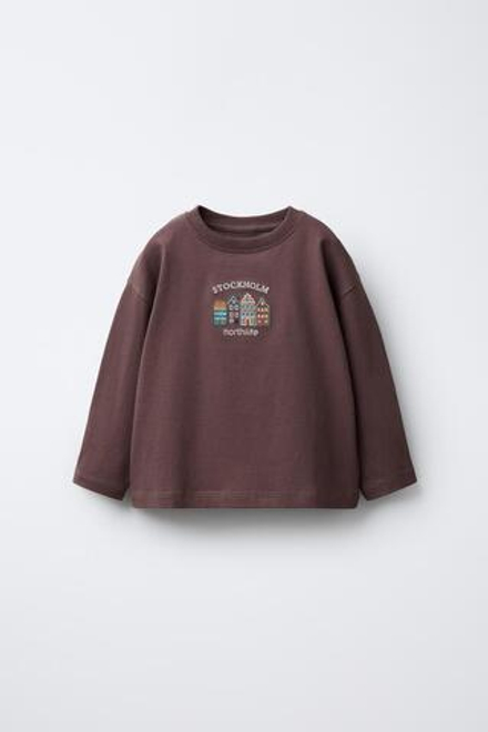 ZARA ЛОНГСЛИВ С ВЫШИВКОЙ, КОРИЧНЕВЫЙ