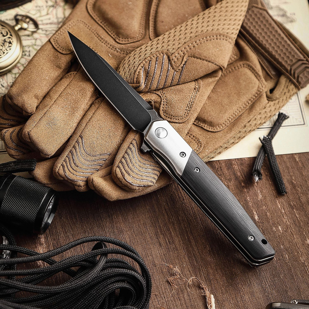 Складной туристический нож TRIVISA Leominor-03B клинок K110 рукоять сталь и G10 (черный-черный)