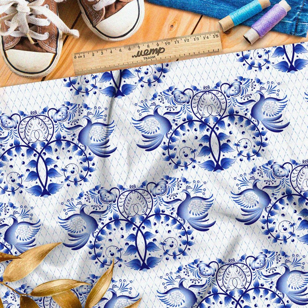 Ткань флис крупная отзеркаленная гжель