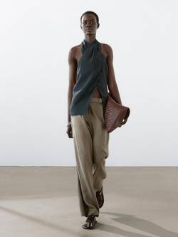 Massimo Dutti Брюки из 100% льна в полоску с пряжкой, серо-зеленый