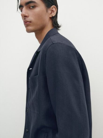 Massimo Dutti Куртка-рубашка из 100% льна с карманом, темно-синий