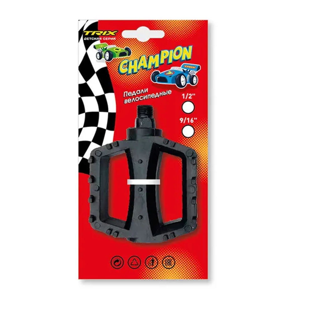 Педали детские TRIX Champion, пластиковые, 100x80мм, резьба 1/2", с шипами, черные (60)