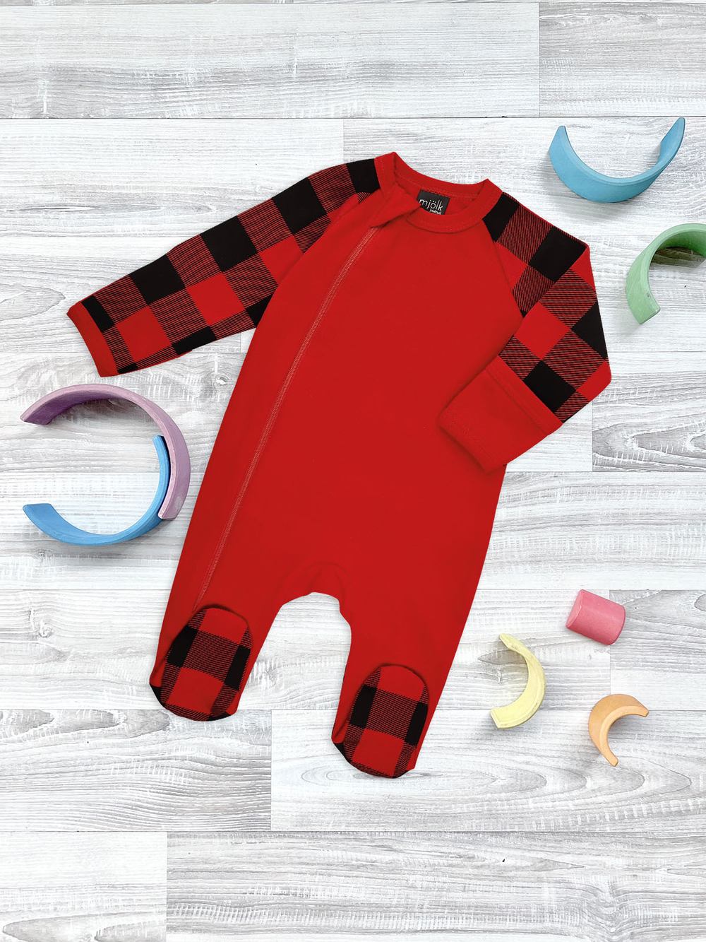 Комбинезон Mjölk Sleep and Play Клетка красная, с рукавом реглан