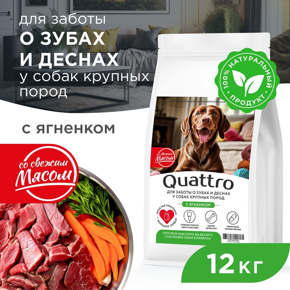 Корм сухой для взрослых собак крупных пород, премиум полнорационный комплекс, для заботы зубов и десен, с ягненком, 12 кг, QUATTRO