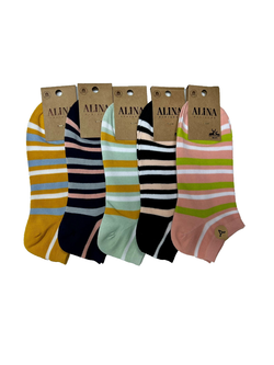 Женские черные, розовые, фисташковые и горчичные укороченные носки с полосками ALINA, набор 10 пар